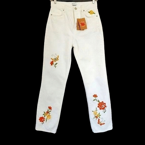 Reformation Cynthia High Rise Straight Jeans White Flora Embroidery NWT - Picture 4 of 14